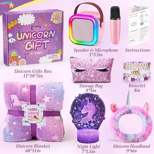 Toylink Unicorn Gifts for Girls Age 4 5 6 7 8 9 10, Kids Unicorn Toys with Mini Karaoke Machine/Glowing Blanket/Night Light/Headband/Bracelets, Birthday Graduation Gifts for Daughter Niece thumbnail 7
