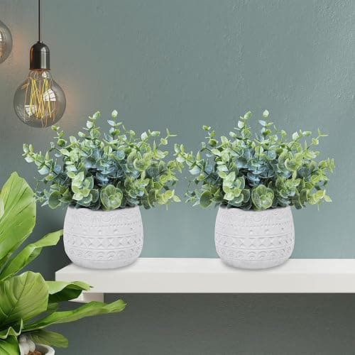 Winlyn Set of 2 Small Artificial Potted Plants Faux Eucalyptus Plant in White Geometric Ceramic Pots Small Desk Potted Plants 7.1" Tall for Home Office Room Decorations Wedding Greenery Centerpiece thumbnail 5