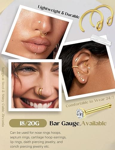 FIBO STEEL 18g 20g Nose Rings Hoops Nose Studs - Hypoallergenic Surgical Steel CZ Nose Stud L Shape Body Nostril Piercing Jewelry for Women Men 14k Gold Plated 20Pcs thumbnail 5