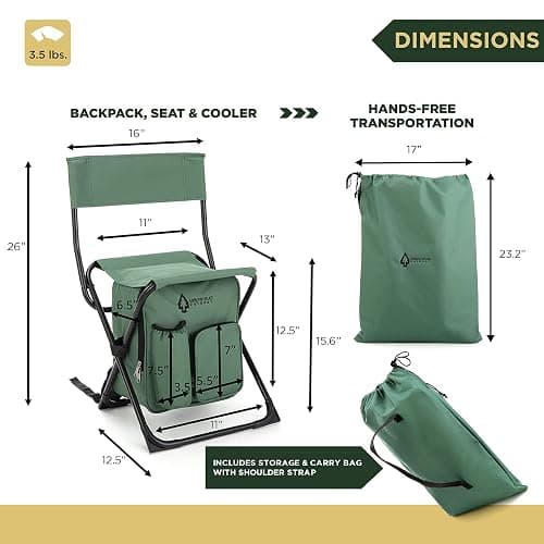 Arrowhead Outdoor Multi-Function 3-in-1 Compact Camp Chair: Backpack, Stool & Insulated Cooler, w/Bottle Holder & Storage Bag, External Pockets, Backrest, Fishing, Hiking, Heavy-Duty, USA-Based thumbnail 3