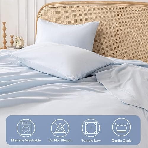Yibeizi Light Blue 100% Washed Cotton Linen Feel Sheet Set Full Size, 4 Pieces Deep Pocket Bed Sheets Soft Breathable Hotel Bedsheets thumbnail 5
