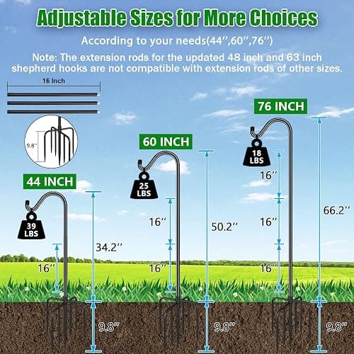 FEED GARDEN 76'' Bird Feeder Pole, Heavy Duty Shepherds Hooks for Outdoor with 7-Prong Base, Adjustable Shepherds Hook for Hummingbird Feeder, Lanterns, Plants, Wedding Decor (1 Pack) thumbnail 2