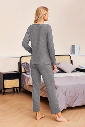 Ekouaer Womens 2 Pack Pajama Set Long Sleeve Pajamas Top and Pants V Neck Pjs Set Soft Sleepwear Loungewear thumbnail 6
