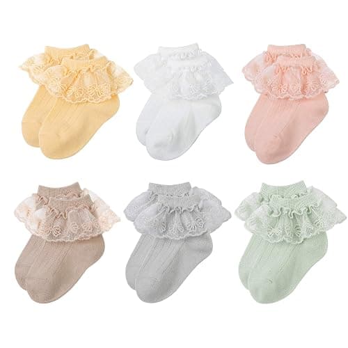 VINIKNIKA 6 Pairs Baby Girls Socks - Newborn Ruffle Lace Princess Frilly Knit Cotton Socks - Image 1