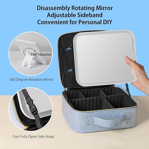 PRALENA Portable Travel Makeup Bag with Mirror and Light - 3 Colors,Adjustable Brightness Spacious Cosmetic Organizer,Mermaid Shine Blue thumbnail 3