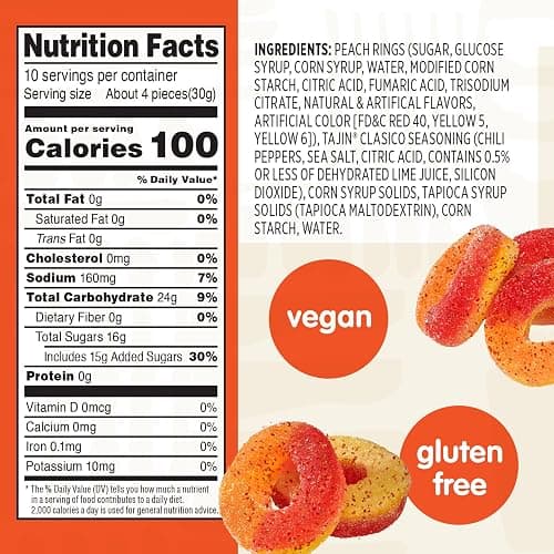Snak Club Peach Rings, Tajin Chili & Lime Seasoned, Sweet and Spicy Gummy Candy, Mild in Heat Bold in Flavor, Low-Fat, Vegan, Gluten-Free Snack, Family Size, 11 Ounce thumbnail 2