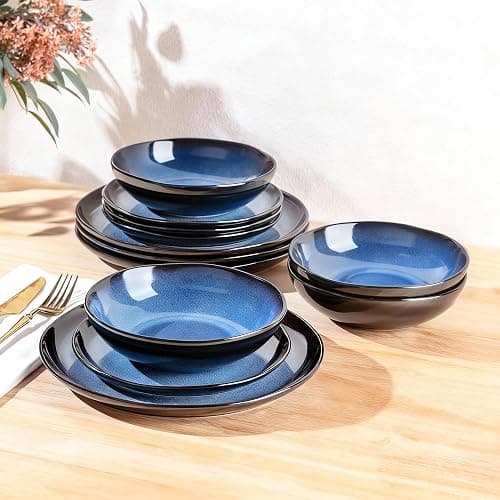 LeRatio Ceramic Dinnerware Sets for 4,Wavy Reactive Glaze Stoneware Plates and Bowls Sets,Highly Scratch Resistant | Dishwasher & Microwave,Oven Safe Dishes Set(12PCS) thumbnail 5