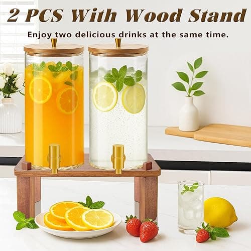VERSSURE 2PCS Drink Dispenser, 1.5 Gallon Each Glass Beverage Dispenser with Wood Stand and Stainless Steel Faucet Ideal for Juice, Lemonade, and Tea,Large Drink Dispenser for Parties and Home Use thumbnail 4