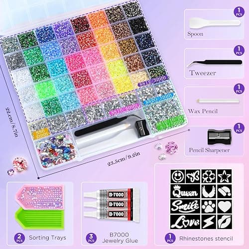 50000pcs Rhinestones for Bedazzling, 51 Grids Bedazzler Kit with Rhinestone | Mixed Sizes Sliver and 3mm Resin Jelly Rhinestones, Flatback Gems, 13 Reusable Stencil, 3Pcs B7000 Glue for Nail Diamond Art thumbnail 4