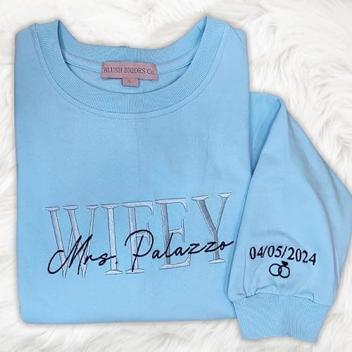 Embroidered Sweatshirt, 100% Cotton Wifey Sweatshirt, Wedding Gift, Gift for Bride, Bridal Shower Gift, Newlywed Honeymoon Present Black thumbnail 7