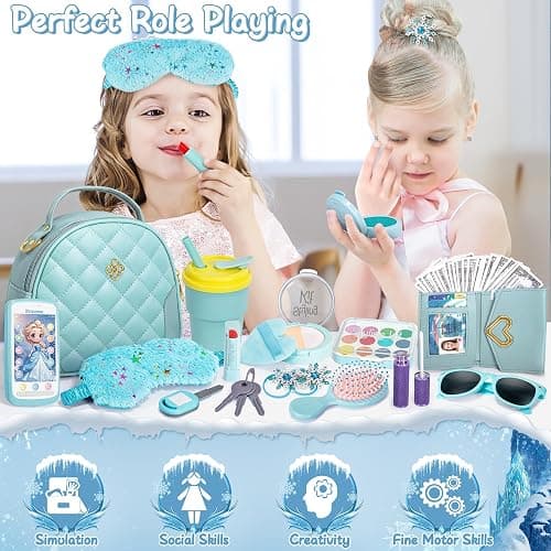 Hohosunlar Play Purse for Little Girl, Princess Toy Handbag with Accessories, Pretend Play Makeup, Kids Phone, Toddler Wallet, Water Bottle, Eye Mask, Birthday Present for Girls 3 4 5 6 7 8 Year Old thumbnail 4