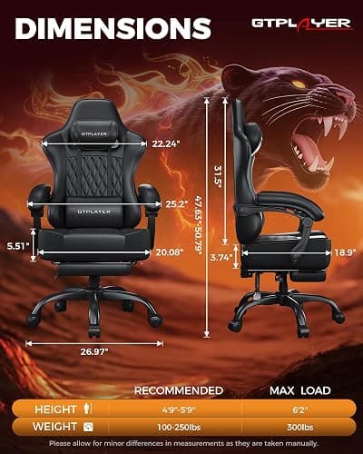 GTPLAYER Big and Tall Gaming Chair with Footrest, Ergonomic Office Desk Chair with 4.4in Thick Cushion and Wide Wingless Seat, Comfortable Leather Computer Chair, Predator Series, Black thumbnail 2