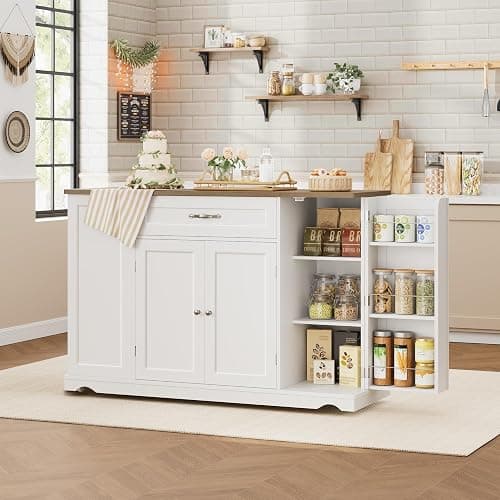 HOSTACK Kitchen Island Cart with Storage, 47'' Kitchen Storage Island on Wheels with 2 Drawers, Rolling Island Table with Adjustable Shelves, Mobile Buffet Sideboard Cabinet for Dining Room, White thumbnail 4