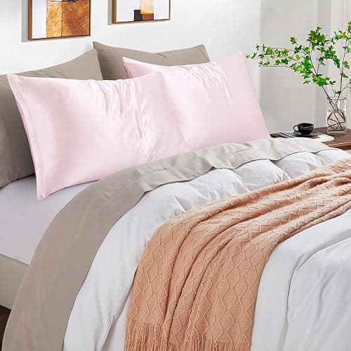 HommxJF Blush Pink Satin Pillowcases with Zipper （20x26）,Standard Size Satin Pillowcases Set of 2, Blush Pink Silk Pillowcase for Hair and Skin thumbnail 2