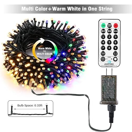 Brizled Christmas Lights, 65.67ft 200 LED Color Changing Tree Lights 11-Function Warm White & Multicolored Christmas Lights, Connectable 29V Safe Adapter Remote Decorative Lights String for Xmas Party thumbnail 7