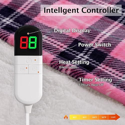 PTQ Electric Heated Blanket 50"x60",Fast Heated Throw with 8 Hours Auto Off/8 Heats Levels,Soft Pink Plaid Sherpa Electric Blanket with ETL Certification & Over-Heat Protection thumbnail 4