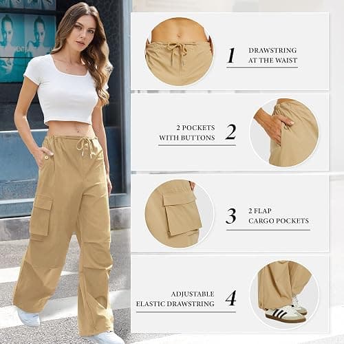 COPYLEAF Cargo Pants Women Low Waisted Parachute Pants with Pockets Loose Baggy Hiking Pants Y2K Clothes thumbnail 4