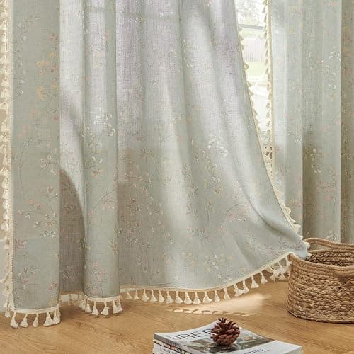 Joydeco Blue Floral Boho Curtains 84 Inch Length 2 Panels, Super Soft Bohemian Farmhouse Curtains with Tassels, Semi Sheer Light Filtering Drapes for Bedroom Living Room (Rod Pocket, 52Wx84L) - Floral 2 - 52"W x 84"L (Pack of 2) thumbnail 2