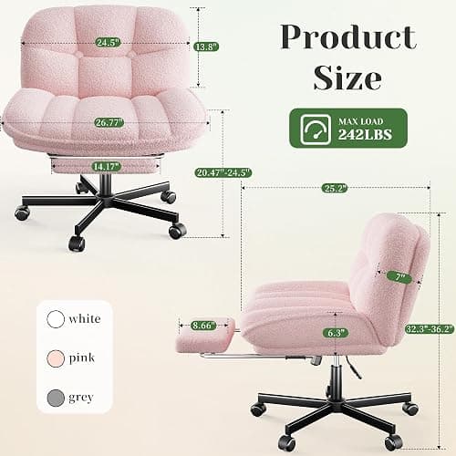 DurayLoly Cross Legged Office Chair with Foot Rest, 6.3" Thick Cushioned Criss Cross Chair with Wheels, Height Adjustable Swivel Vanity Chair for All-Day Comfort (Pink) thumbnail 2