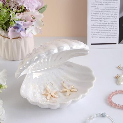 Denique Shell Jewelry Dish Tray, Ceramic Trinket Tray Clamshell Jewelry Storage Dish, Ring Holder Dish Key Bowl, Decorative Jewelry Plate, Cute Jewelry Organizer for Room Decor (White) thumbnail 2