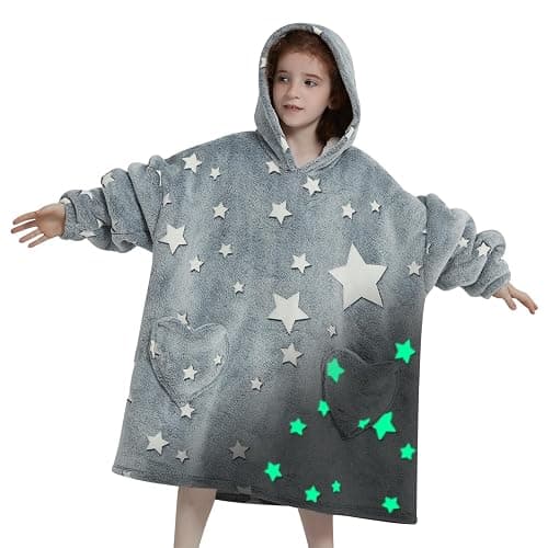 Mewkou Wearable Blanket Hoodie for Kids Oversized Sherpa Blanket Hoodie for Kids Boys Girls Teens 6-13YR,Glow in The Dark Star - Kids 6-13YR - Dark Gray - Image 1