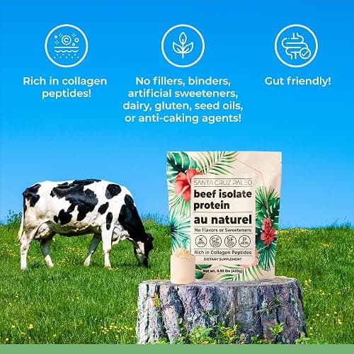 Santa Cruz Paleo, Beef Isolate Protein Powder, Au Naturel, Rich in Collagen Peptides for Protein Shakes or Smoothies, Gluten Free, Keto, Paleo, Unflavored, Unsweetened,1.1lbs (20g Protein Per Serving) thumbnail 6
