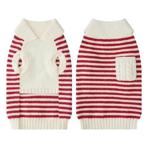 Small Dog Sweater, Knitted Striped Pullover Dog Clothes for Cold Weather, Thick Warm Cozy Stretchy Sweater for Chihuahua, Bulldog, Dachshund, Pug(Red & White Strip, S) thumbnail 2