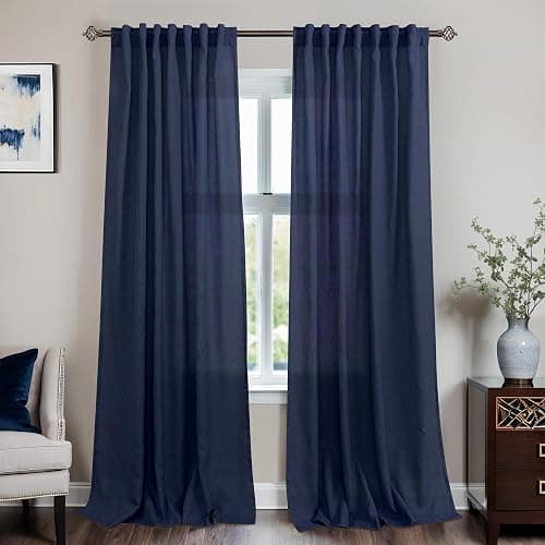Mrs.Naturall Navy Blue Linen Curtains 213cm Length 2 Panels Set,Back Tab Bar Pocket Dark Blue Curtain Window Drapes 213cm Long for Living Room Boys Room Bedroom - Image 1