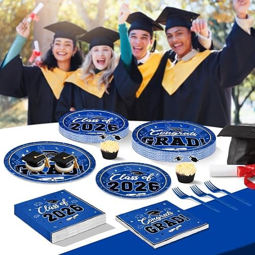 200Pcs Graduation Decorations 2026, Blue Graduation Plates and Napkins Party Supplies for 50 Guests, Disposable Grad Plates, Napkins, Dessert Plates and Forks for Grad Decor Wedding Birthday Supplies thumbnail 7