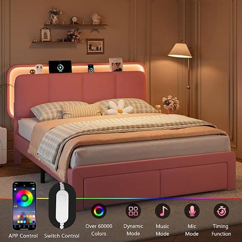 Einhomn Full Size Upholstered Bed Frame with 2 Underbed Drawers & Storage Headboard, Velvet Platform Bed with LED Lights & Charging Station, Sturdy Metal & Wood Structure, Noise-Free,Pink thumbnail 6