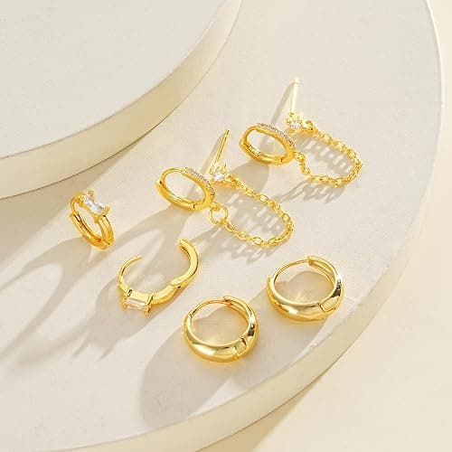 Gold Earrings Set for Women, 14k Gold Plated Dangle Huggie Earrings Sets for Multiple Piercing, Hypoallergenic Stackable Small Gold Chain Hoop Earrings for Women Jewelry thumbnail 7