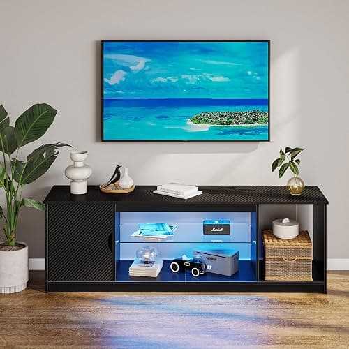 Bestier 145 CM LED TV Stand for 55/60 / 65 Inch TVs Gaming Entertainment Center with Cabinet for PS5 Modern TV Cabinet with Adjustable Glass Shelves for Living Room Bedroom - 145CM - Black Carbon Fiber thumbnail 9