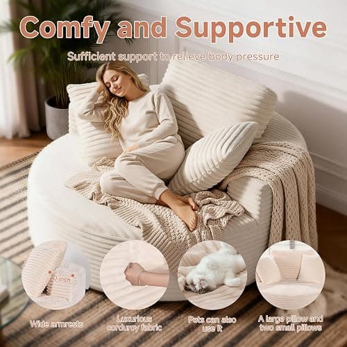 Sonovafurn 55 Inch Oversized Round Chair Lounge Chaise Indoor, Modern Corduroy Upholstered Indoor Sofa,for Living Room, Bedroom Apartment (Beige) thumbnail 6