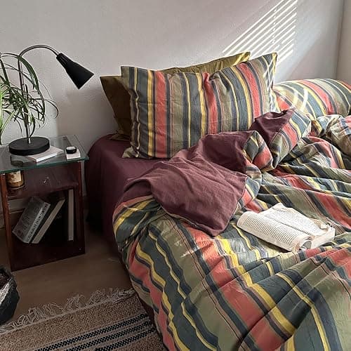 mixinni Vintage Striped Duvet Cover Set Queen Size - 3 Piece 100% Washed Cotton Bedding Set, Soft & Breathable, Colorful Striped Pattern Printed Comforter Cover for All Seasons - Image 1