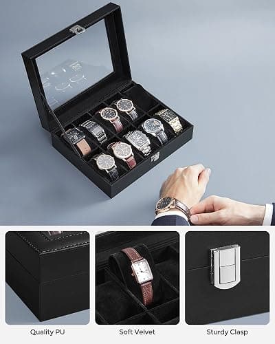 SONGMICS Watch Box with 10 Slots, Watch Case with Glass Lid, Watch Display Box with Removable Watch Pillows, Metal Clasp, Gift Idea, Black Synthetic Leather, Black Lining JWB010B02 thumbnail 6
