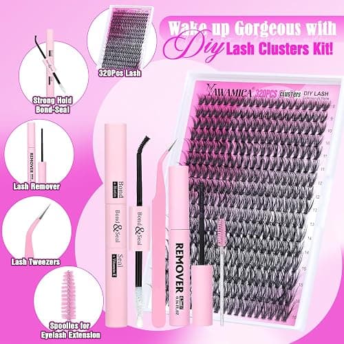 Eyelash Extension Kit 320pcs Lash Clusters D Curly 9-16mm Mix 40D Individual Lashes Wispy Lash Clusters Kit with Lash Bond and Seal and Remover Lash Applicator for Lash Extension Beginners thumbnail 2