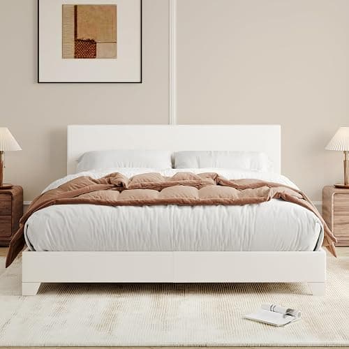 Allewie Full Size Bed Frame with Adjustable Headboard, Faux Leather Platform Bed with Wood Slats, Heavy Duty Mattress Foundation, No Box Spring Needed, Noise-Free, Easy Assembly, White thumbnail 3