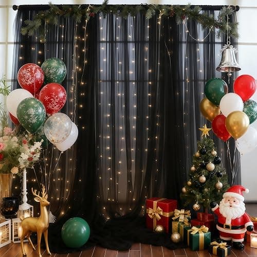 10×10ft Black Tulle Backdrop Curtain with Lights String for Parites, Sheer Photo Backdrop Curtains for Wedding Party Photography Background thumbnail 2