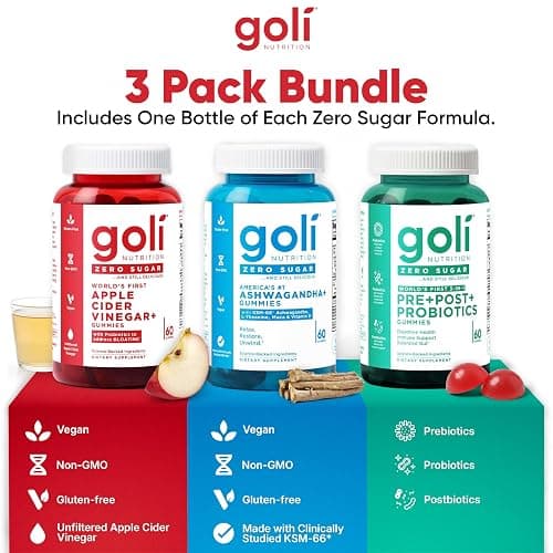 Goli Zero Sugar Trio - World's First 3-in-1 Pre, Post, Probiotic, Apple Cider Vinegar with Vitamin B12 and Probiotics, Ashwagandha & L-Theanine, Vitamin D Gummies, 90 Count (3-Bottle Set) thumbnail 5