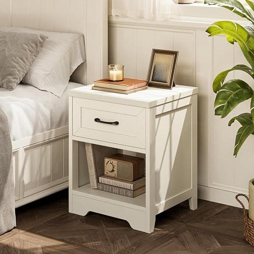 AODK Farmhouse Nightstand Set of 2, Drawer and Open Shelf, Rustic White | Compact Bedside Tables, Drawer Storage, Rustic White Finish for Bedrooms, Dorms, Apartments and Guest Rooms thumbnail 2