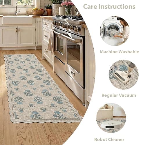 ORTIGIA Scalloped Easy Jute 2x6 Kitchen Runner Rug Vintage Blue Floral Farmhouse Washable Rug Non-Slip Outdoor Carpet for Entryway Indoor Hallway Patio Laundry Room thumbnail 4
