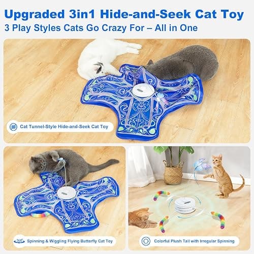 Qraxond Interactive Cat Toys for Indoor Cats,[Newly Upgraded] Rechargeable Touch Activated Hide and Seek Kitten Toys for Bored Indoor Adult Cats with Fluttering (Blue) thumbnail 2