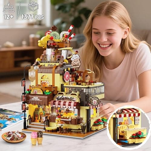 INSOON City Ice Cream House Building Set with Lights, 1377 PCS Dessert Shop Building Block Toy with Chocolate Sundae Cone, Sweet Workshop Construction Model for Adults Teens Kids Boys Girls Ages 12+ thumbnail 7