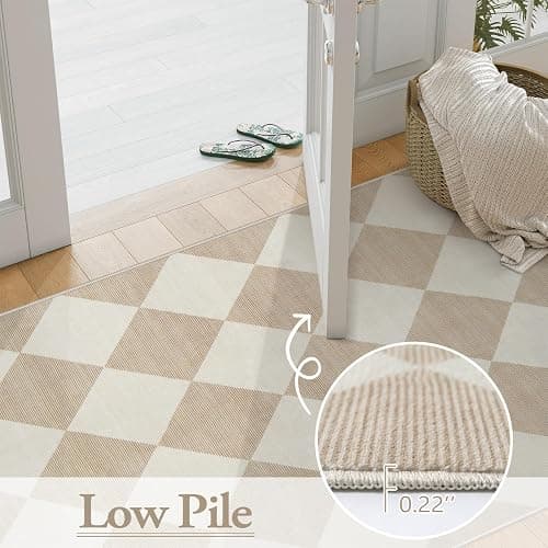 Beeiva Checkered Print Washable Indoor Door Mats for Entryway, 2x3 Non Slip Ultra Thin Bathroom Rugs Fit Under Door, Moroccan Diamond Decor Beige Small Rugs for Bedroom Kitchen Laundry Entrance thumbnail 5