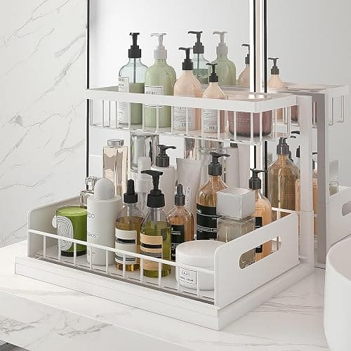 bukfen Under Sink Organizer, Pull Out Cabinet Organizer 2-Tier Slide Out Sliding Shelf Under Cabinet Storage Multi-Use for Under Kitchen Bathroom Sink Organizers and Storage,White,1 Pack thumbnail 5