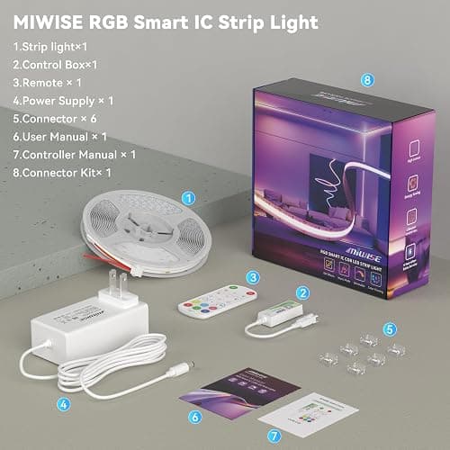 MIWISE LED Strip Lights,RGB Smart IC COB LED Strip Light Color Chasing,24ft Multicolor Flexible LED Tape Light,Music Sync with APP Control,Addressable DIY 16M Colors,for Cabinet,Bedroom,Party Decor thumbnail 8