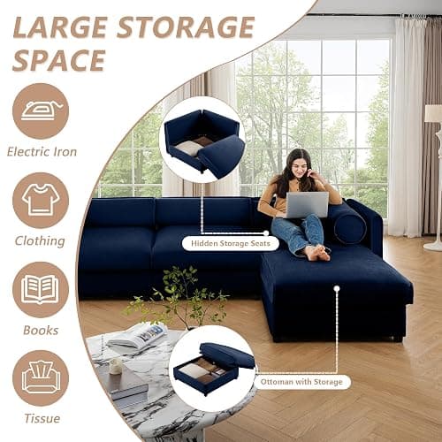 HUMEHA Oversized Modular Sectional Sofa, 142.5" Chenille U-Shaped Sofa with Cylindrical Backrest & Armrest, Modern Comfy 4-Seat Sofa with 2 Ottoman, Upholstered Deep Seat Couch for Living Room, Blue - 4-Seat + 2 Ottoman - Blue thumbnail 5