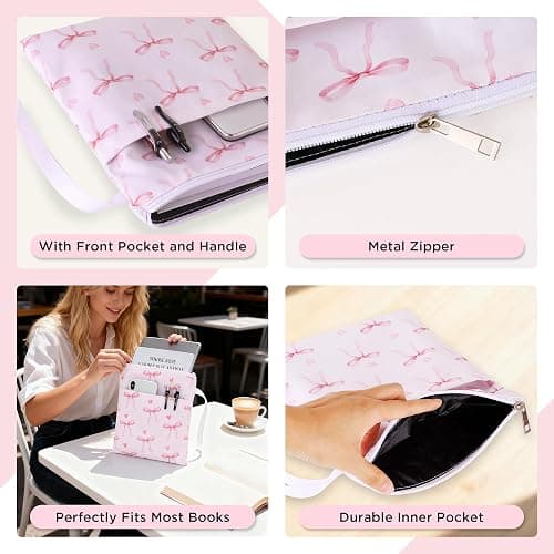 Book Sleeve with Zipper, 11''x 9'' Waterproof Paperback Sleeve for Book Lovers Books Pouch Cover with Handle for Hardcovers Kindle Sleeve for Reader Teacher Women (Light pink bow tie, 11x 9 inch) thumbnail 5