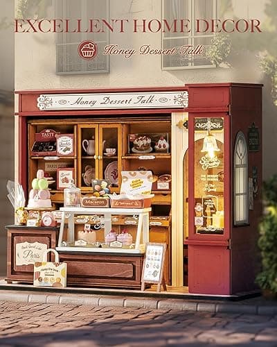 ROBOTIME DIY Miniature House Kit, Mini Wooden Dollhouse Kit for Adults, Building Kit with LED Light, Diorama Model,Halloween/Christmas/Birthday Gifts for Family/Friends (Honey Dessert Talk) thumbnail 3