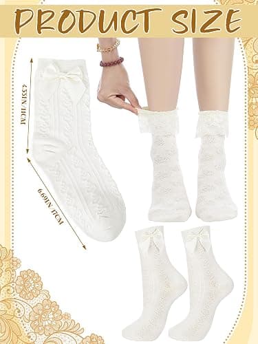 Fourluoo 6 Pairs Ruffle Socks Women Frilly Lace Ankle Socks Cream Lolita Princess Bow Breathable thumbnail 3